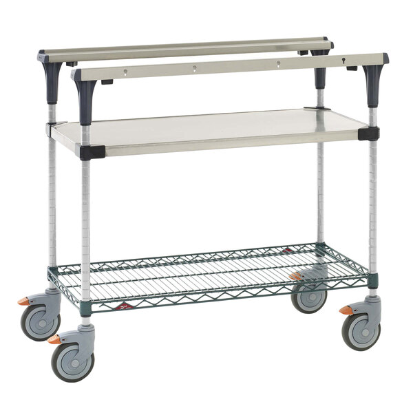 A Metro PrepMate MultiStation metal cart with two shelves and wheels.