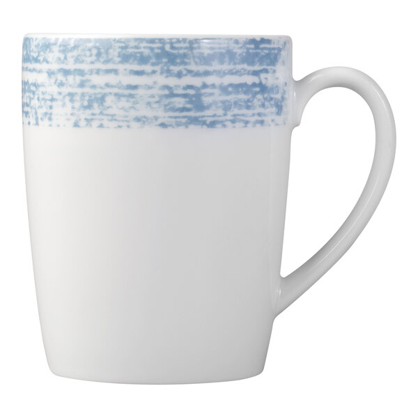 A white mug with a handle, featuring a blue textured band around the top.