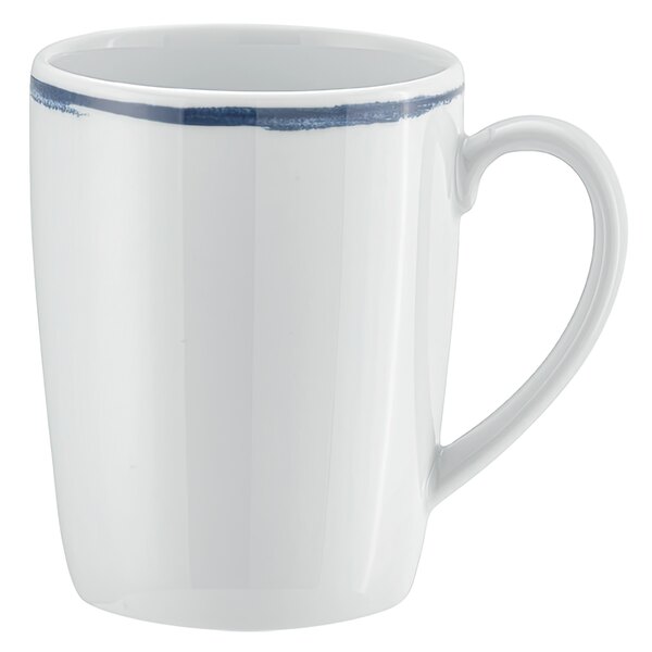 A white porcelain mug with a blue rim and handle.