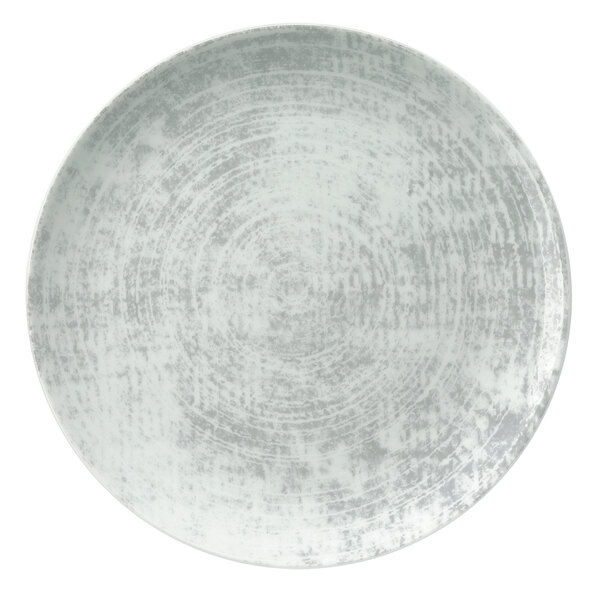 A white Schonwald porcelain coupe plate with a grey circular pattern.