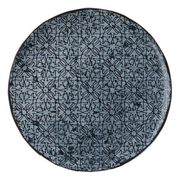 A Schonwald Shabby Chic porcelain coupe plate with a black and blue pattern on it.