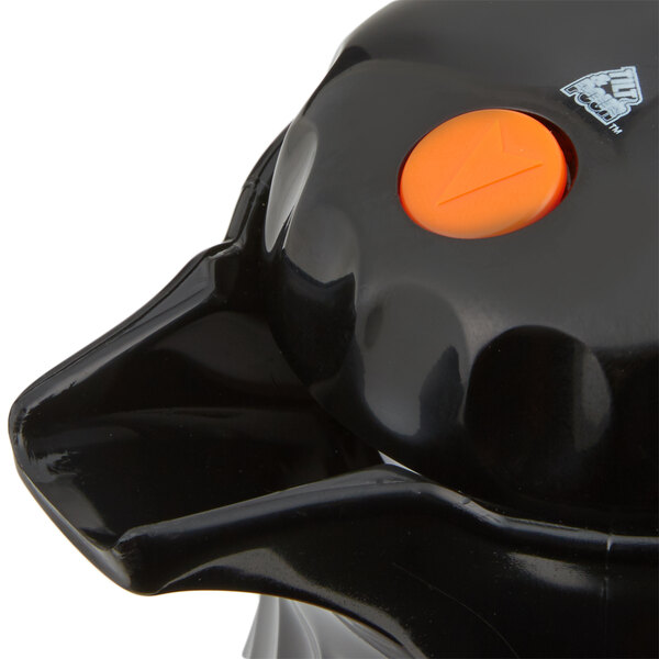 A black plastic Vollrath beverage server with an orange button.