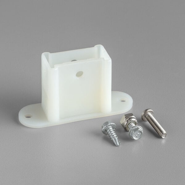 A white plastic True shelf standard bottom bracket with screws and nuts.