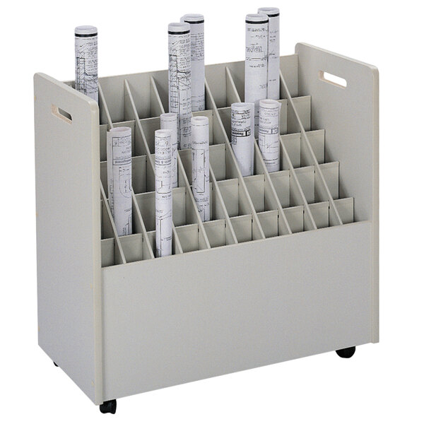 A white metal rack with several rolls of paper.