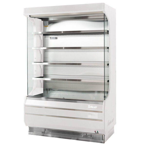 A white refrigerated display case with glass shelves.