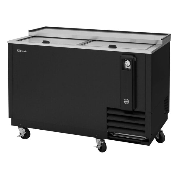 A black Turbo Air bottle cooler on wheels.