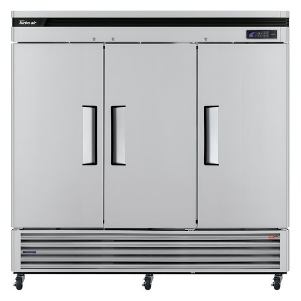 A Turbo Air stainless steel reach-in refrigerator with 3 doors.