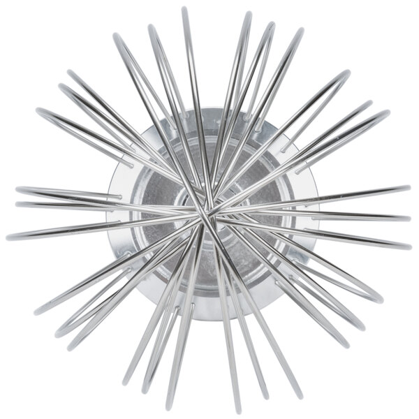 A silver metal Vollrath wire whisk with many metal rods.