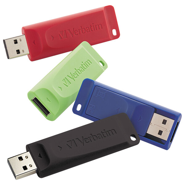 A close-up of a black and blue Verbatim Store 'n' Go USB flash drive.