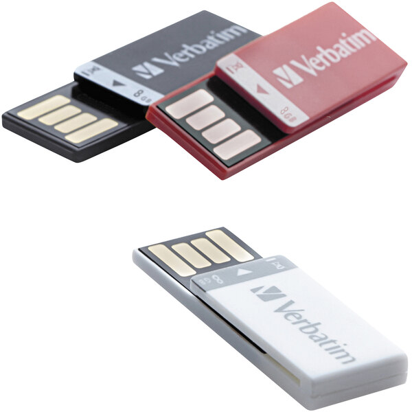 A close-up of three Verbatim Clip-It USB flash drives in red and black.