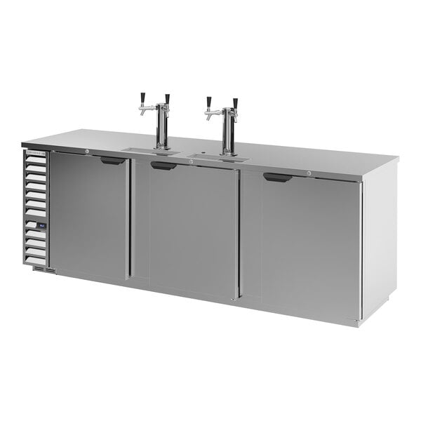 A stainless steel Beverage-Air beer dispenser with two taps.