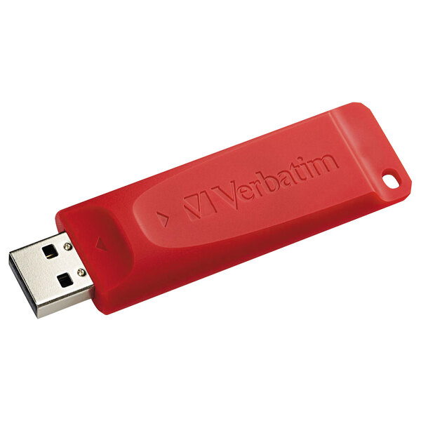 A red Verbatim Store 'n' Go USB flash drive.