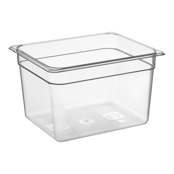 A clear square Cambro plastic food pan with a clear lid.