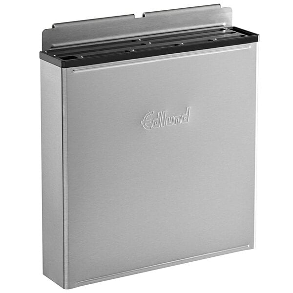 A silver rectangular stainless steel box with black slotted inserts.