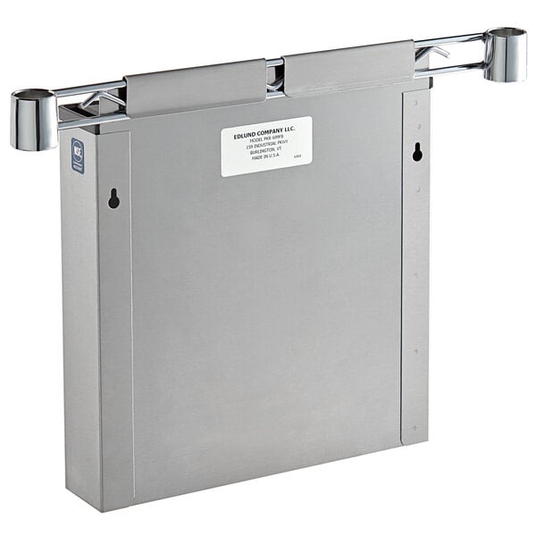 A silver stainless steel rectangular slotted knife holder with a handle.