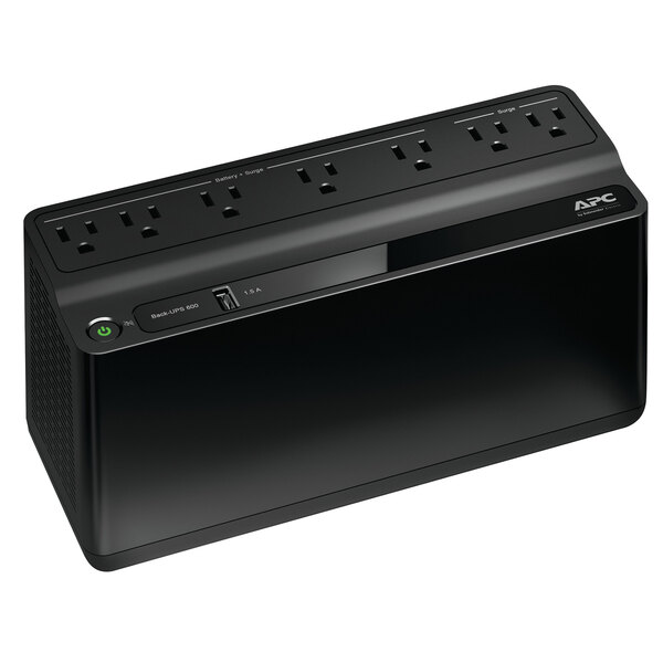 A black APC Back-UPS power strip with multiple outlets.