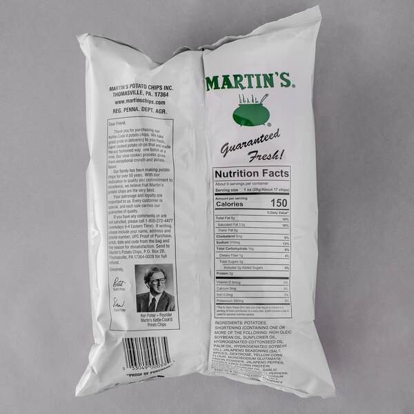 A white bag of Martin's Jalapeno Kettle-Cook'd Potato Chips with a label.