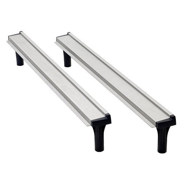 A pair of stainless steel Metro rails with black handles.