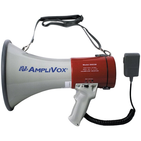 An AmpliVox Mity-Meg rechargeable megaphone with microphone attached.