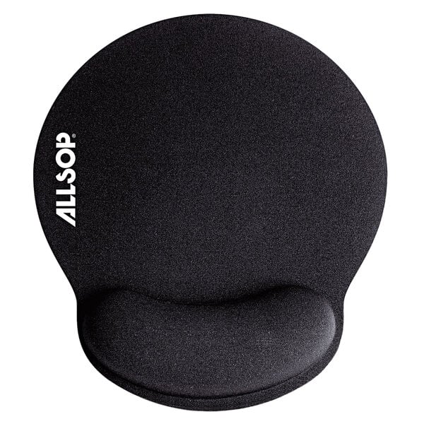 An Allsop black memory foam mouse pad with wrist rest on a table.