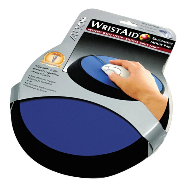 A person holding a cobalt blue circular Allsop wrist aid mouse pad.