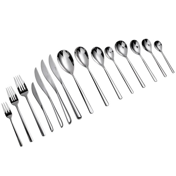 A row of Sant'Andrea Quantum stainless steel European teaspoons.