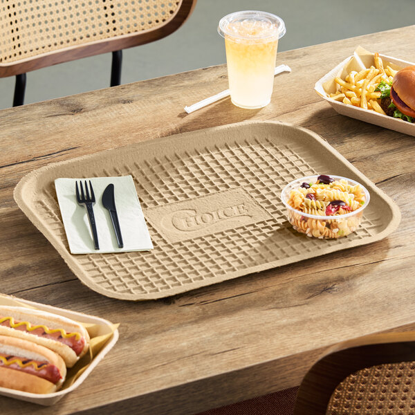 A rectangular molded fiber tray with a textured surface, designed for food service use.