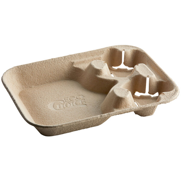 An EcoChoice molded fiber 2-cup carrier with large tray for food.