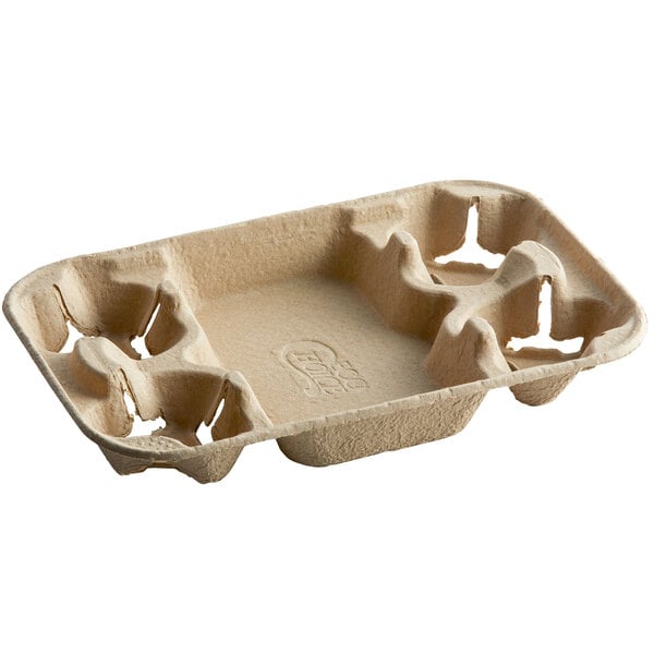 An EcoChoice molded fiber tray with four cup holders.