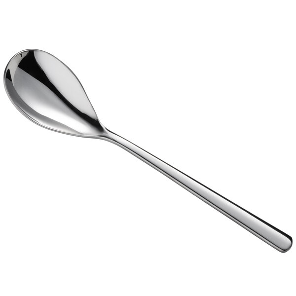 A close-up of a Sant'Andrea Quantum stainless steel oval bowl soup/dessert spoon with a long handle and silver finish.