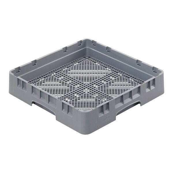 A gray full-size plastic flatware rack with a lattice bottom and solid sides.