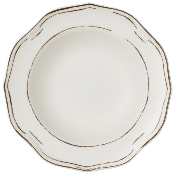 a white plate with brown trim