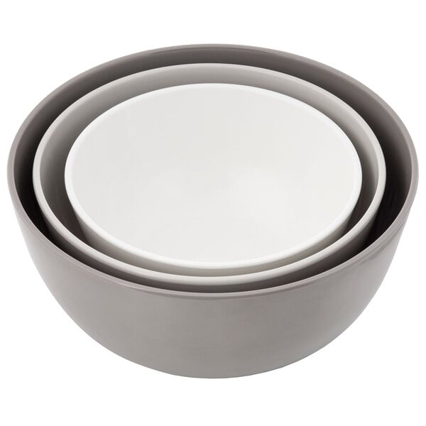 A stack of Tablecraft Crofthouse melamine mixing bowls with white and grey designs.