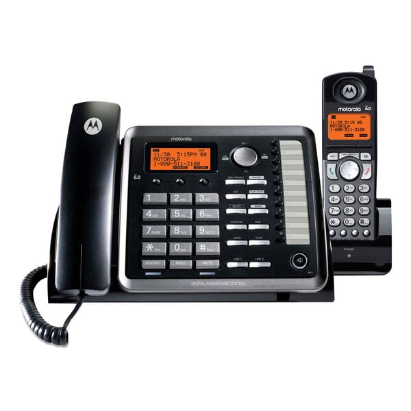 A black and silver Motorola corded/cordless phone with two handsets.
