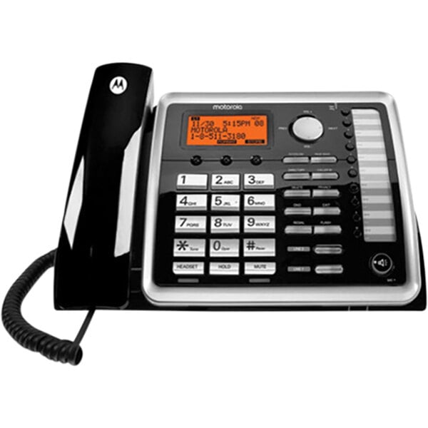 A black and silver Motorola corded phone with a black and white display.