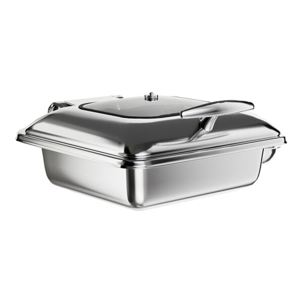 An Acopa stainless steel chafer pan with a glass lid.