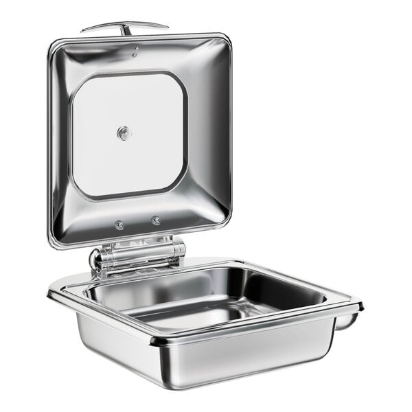 An Acopa stainless steel 2/3 size chafer with a glass lid on a counter.