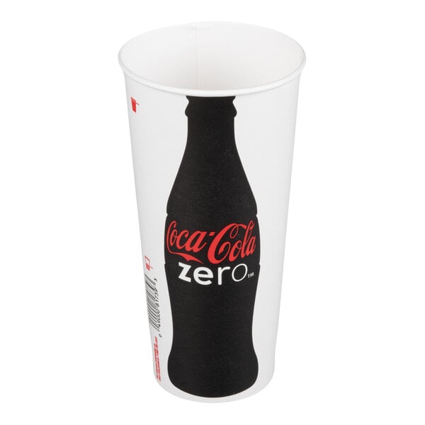A white paper cold cup featuring a Coca-Cola Zero bottle graphic, designed to hold 22-24 ounces.