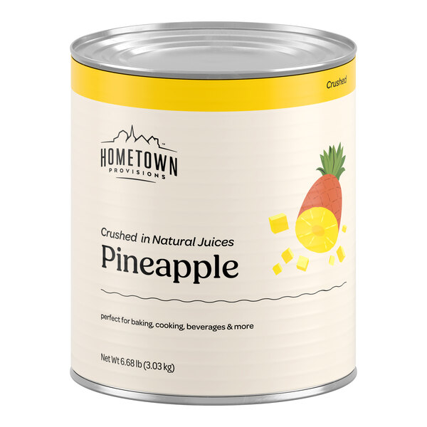 A large metal can with a label showing an illustration of a pineapple and pineapple pieces, labeled as crushed pineapple in natural juices.