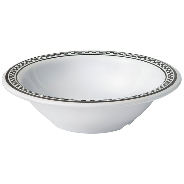 A white melamine bowl with black diamond trim.