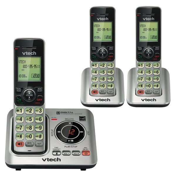 A Vtech cordless phone with 4 handsets and buttons.