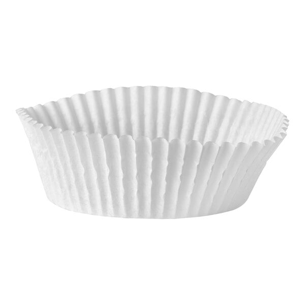 A single white, fluted paper baking cup with a round, pleated shape.