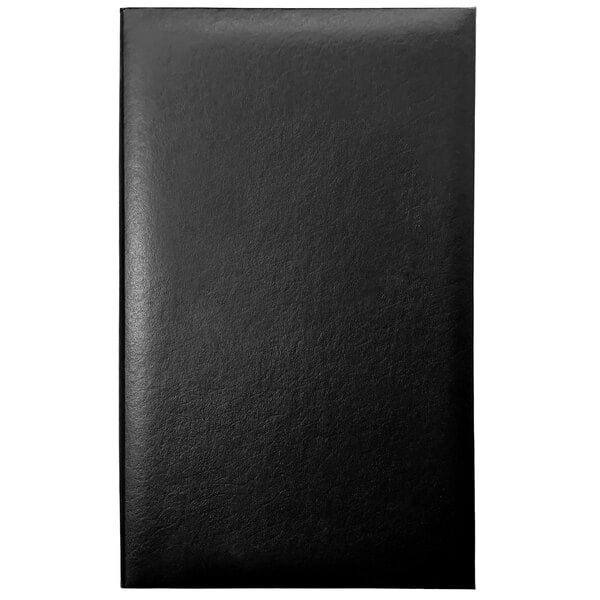 a black leather notebook with a white border