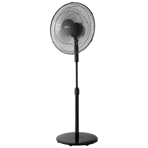 An Alera black oscillating floor fan on a stand.