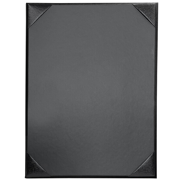 An oak wood menu cover with black metal album style corners.