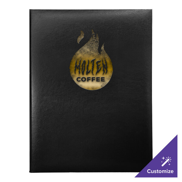 A black oak menu cover with a logo on it.
