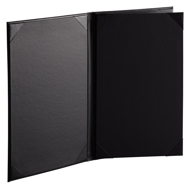 A black rectangular menu cover with black album style corners.