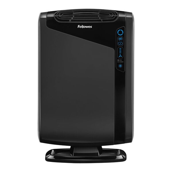 A black rectangular Fellowes AeraMax 290 air purifier with blue buttons.