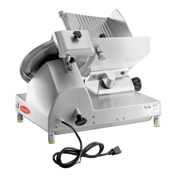 An Avantco meat slicer with a black handle and cord.