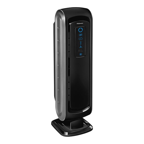 A black and silver Fellowes AeraMax 90 tower air purifier with blue buttons.